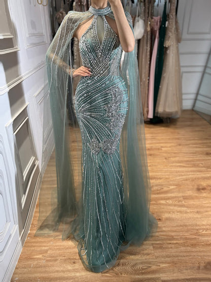 Luxury Nude Crystal Beaded Cape Sleeves Mermaid Evening Dress LA73863