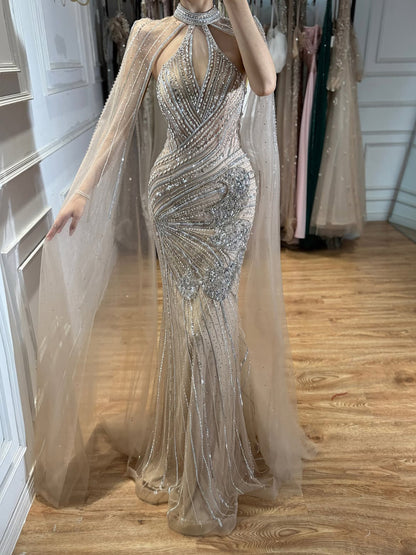 Luxury Nude Crystal Beaded Cape Sleeves Mermaid Evening Dress LA73863