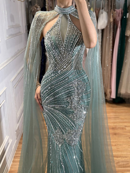 Luxury Nude Crystal Beaded Cape Sleeves Mermaid Evening Dress LA73863