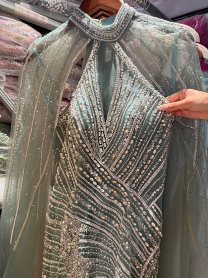 Luxury Nude Crystal Beaded Cape Sleeves Mermaid Evening Dress LA73863