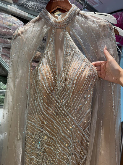 Luxury Nude Crystal Beaded Cape Sleeves Mermaid Evening Dress LA73863