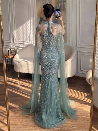 Luxury Nude Crystal Beaded Cape Sleeves Mermaid Evening Dress LA73863