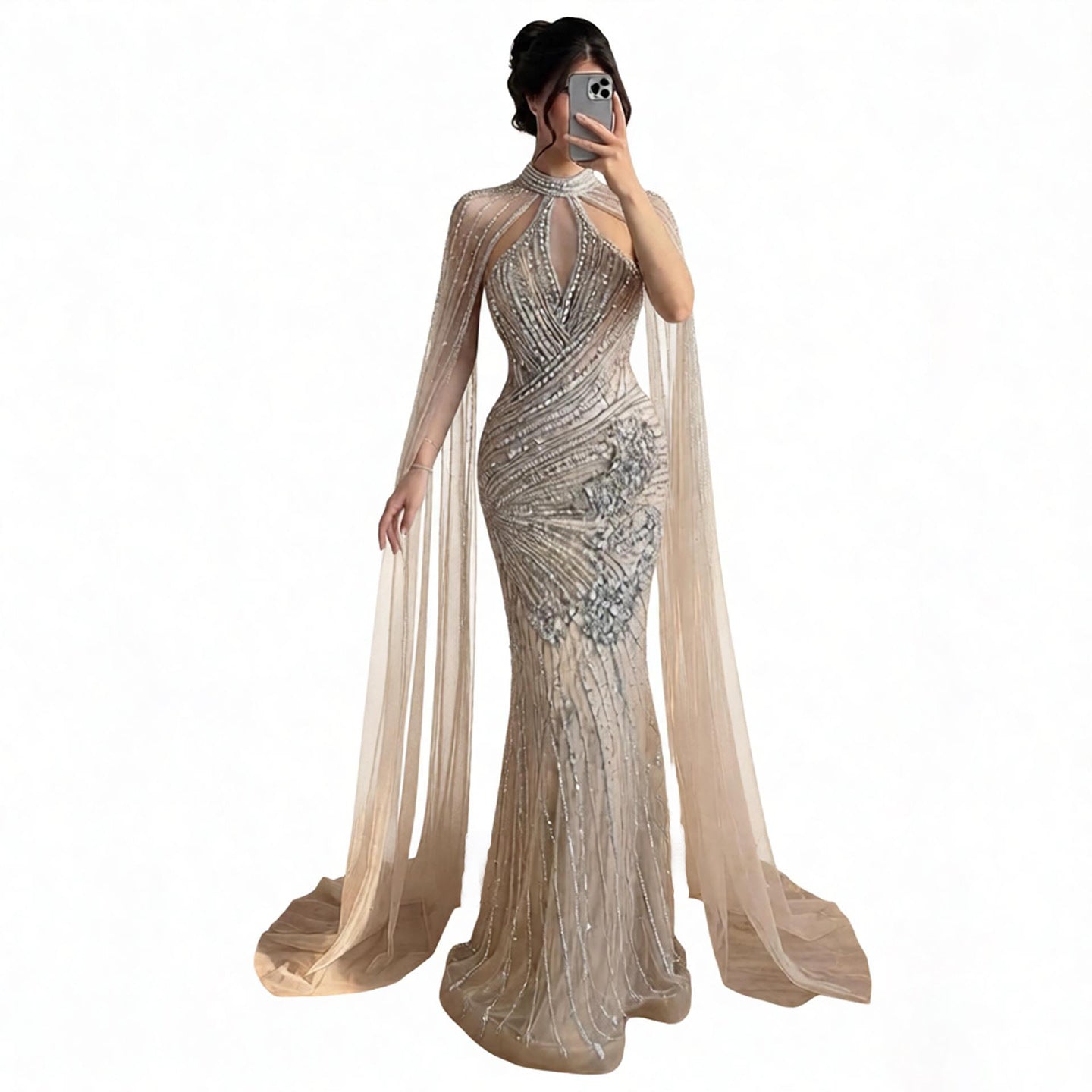 Luxury Nude Crystal Beaded Cape Sleeves Mermaid Evening Dress LA73863