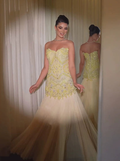 Luxury Yellow Strapless Beaded Longline Corset A-Line Dress LA73867