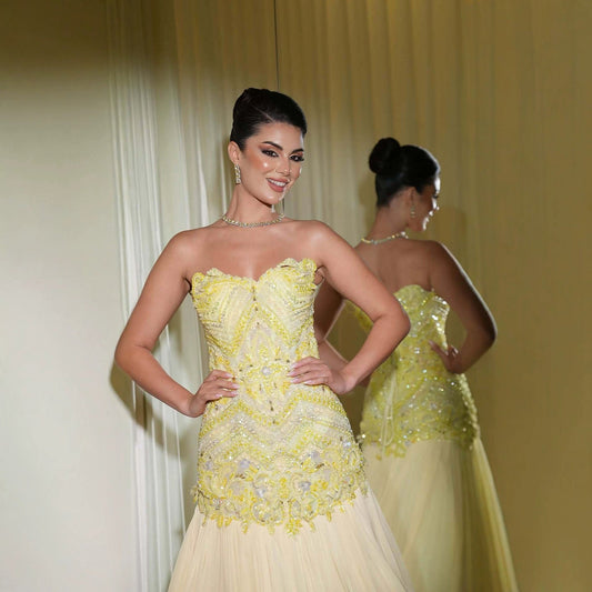 Luxury Yellow Strapless Beaded Longline Corset A-Line Dress LA73867