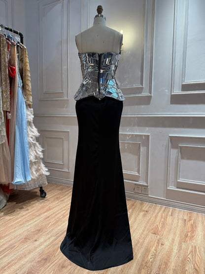 Luxury Silver Mirror Beaded Peplum Mermaid Evening Dress LA73868A