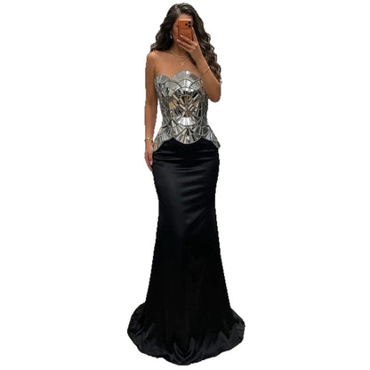 Luxury Silver Mirror Beaded Peplum Mermaid Evening Dress LA73868A