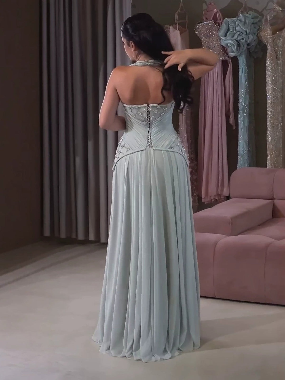 Luxury Sage Green Halter Crystal Beaded A-Line Evening Dress LA73872