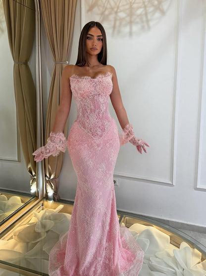 Luxury Pink Lace Beaded Strapless Mermaid Evening Dress LA73875