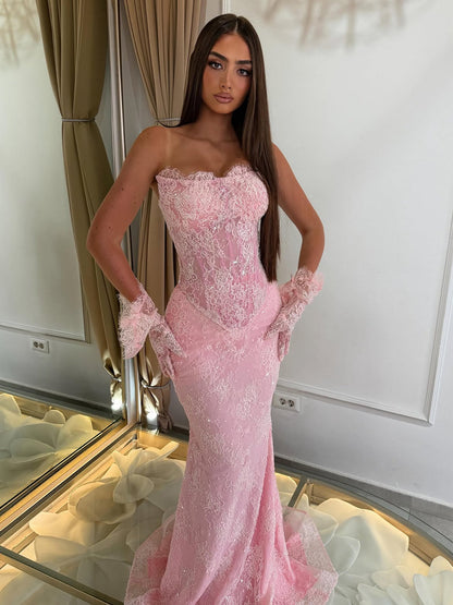 Luxury Pink Lace Beaded Strapless Mermaid Evening Dress LA73875