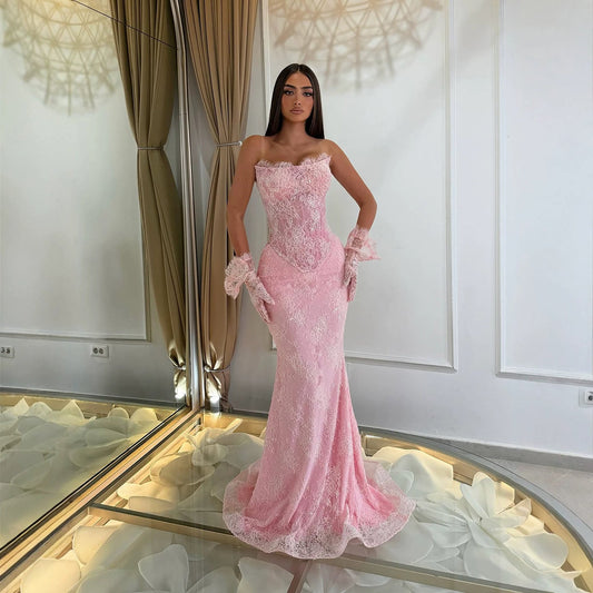 Luxury Pink Lace Beaded Strapless Mermaid Evening Dress LA73875