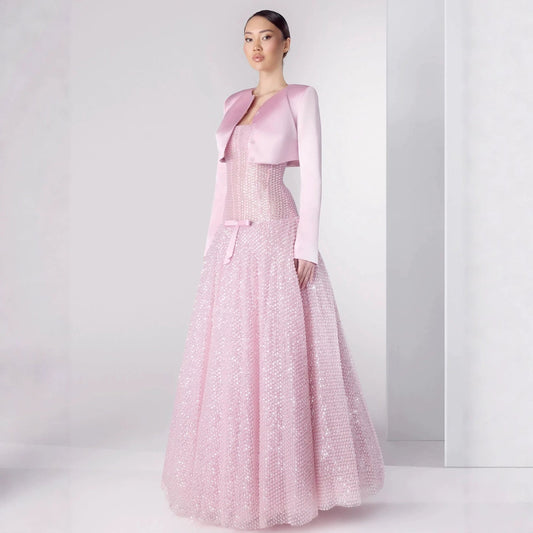 Luxury Pink Beaded Strapless A Line Evening Dress with Jacket LA73876