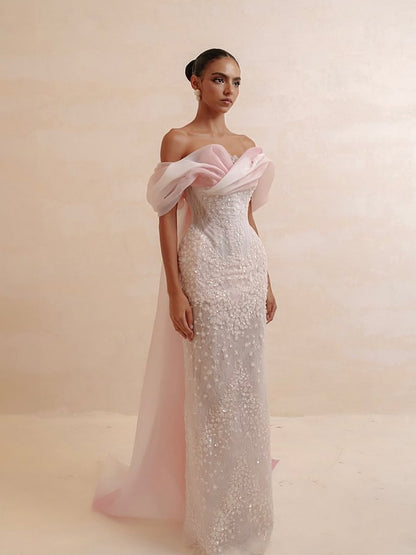 Luxury Pink Off the Shoulder Beaded Mermaid Evening Dress LA73877