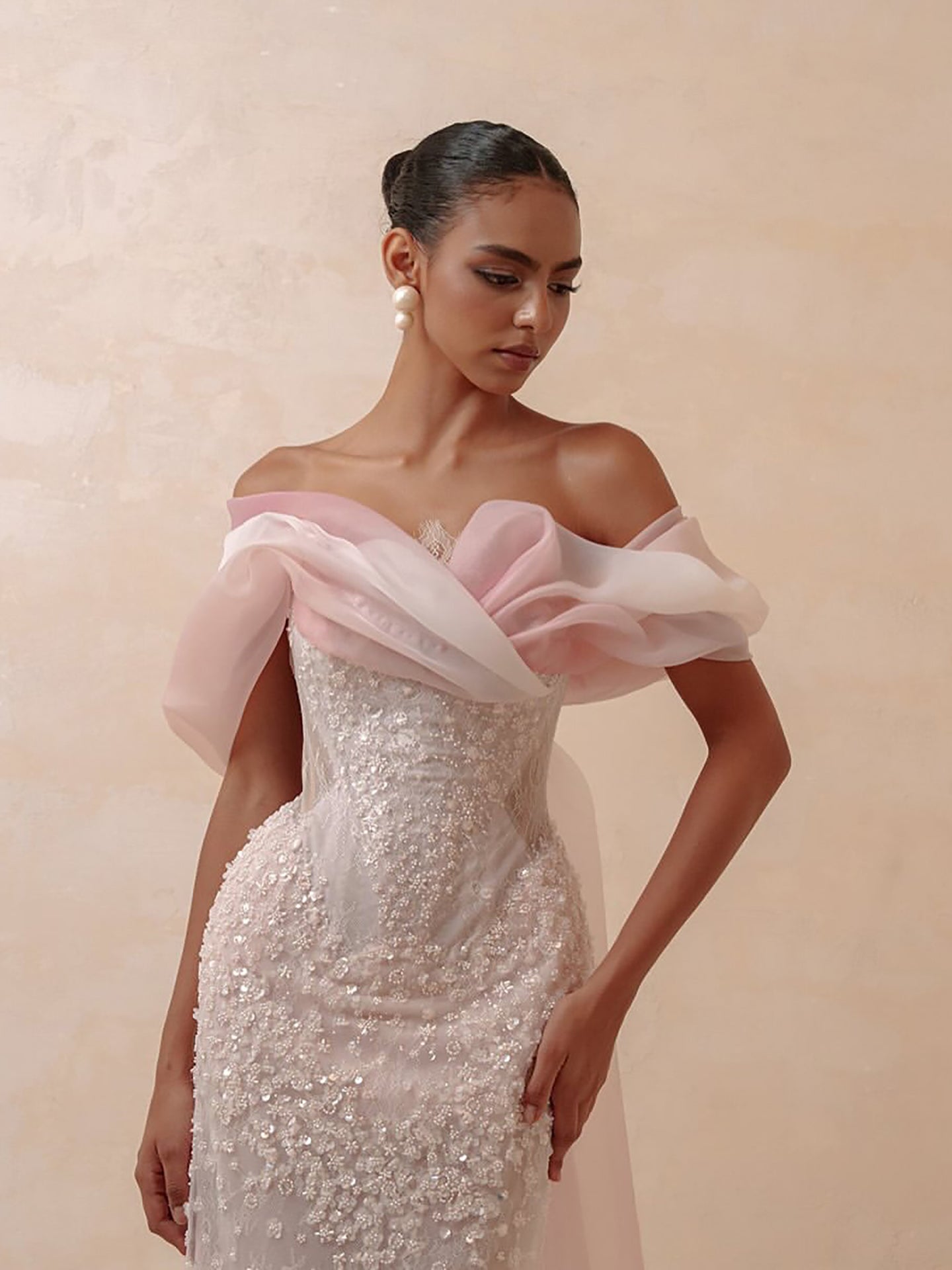 Luxury Pink Off the Shoulder Beaded Mermaid Evening Dress LA73877