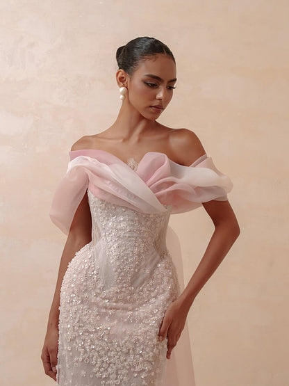 Luxury Pink Off the Shoulder Beaded Mermaid Evening Dress LA73877