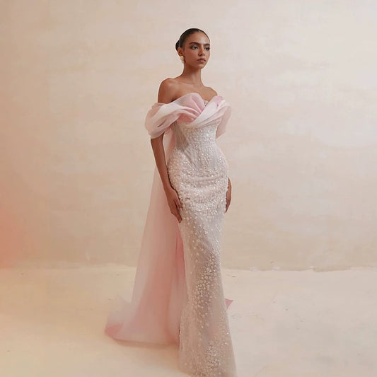Luxury Pink Off the Shoulder Beaded Mermaid Evening Dress LA73877