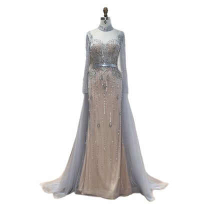 Luxury Gray Nude Pearls Beaded Mermaid Evening Dress Overskirt LA73884