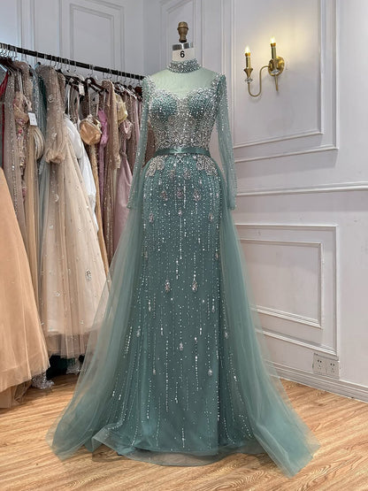 Luxury Gray Nude Pearls Beaded Mermaid Evening Dress Overskirt LA73884