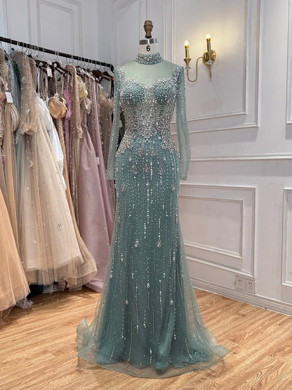Luxury Gray Nude Pearls Beaded Mermaid Evening Dress Overskirt LA73884