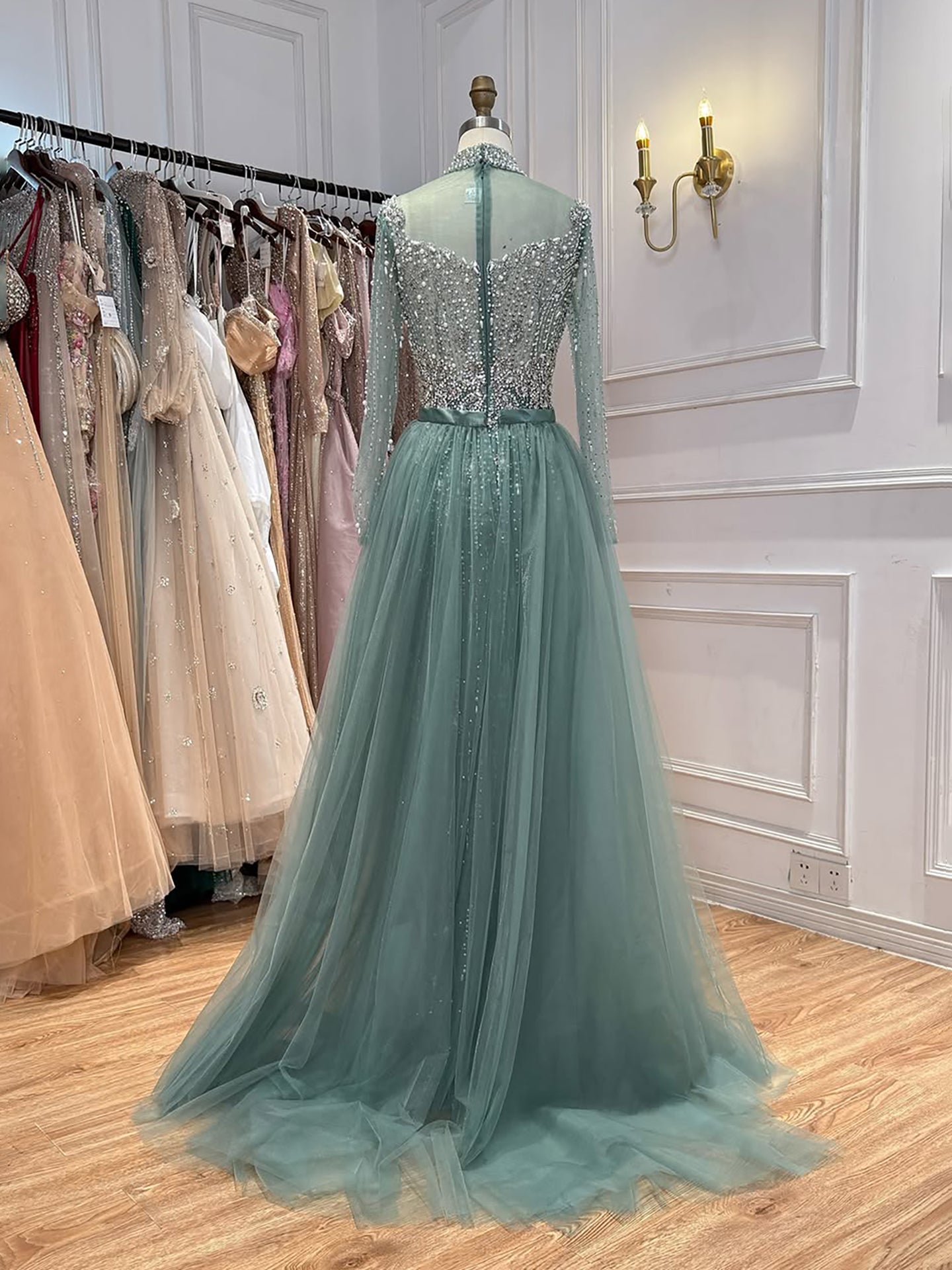 Luxury Gray Nude Pearls Beaded Mermaid Evening Dress Overskirt LA73884