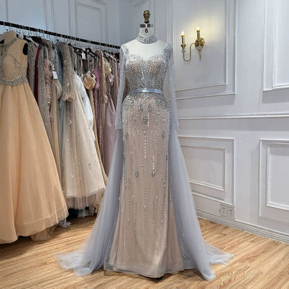 Luxury Gray Nude Pearls Beaded Mermaid Evening Dress Overskirt LA73884