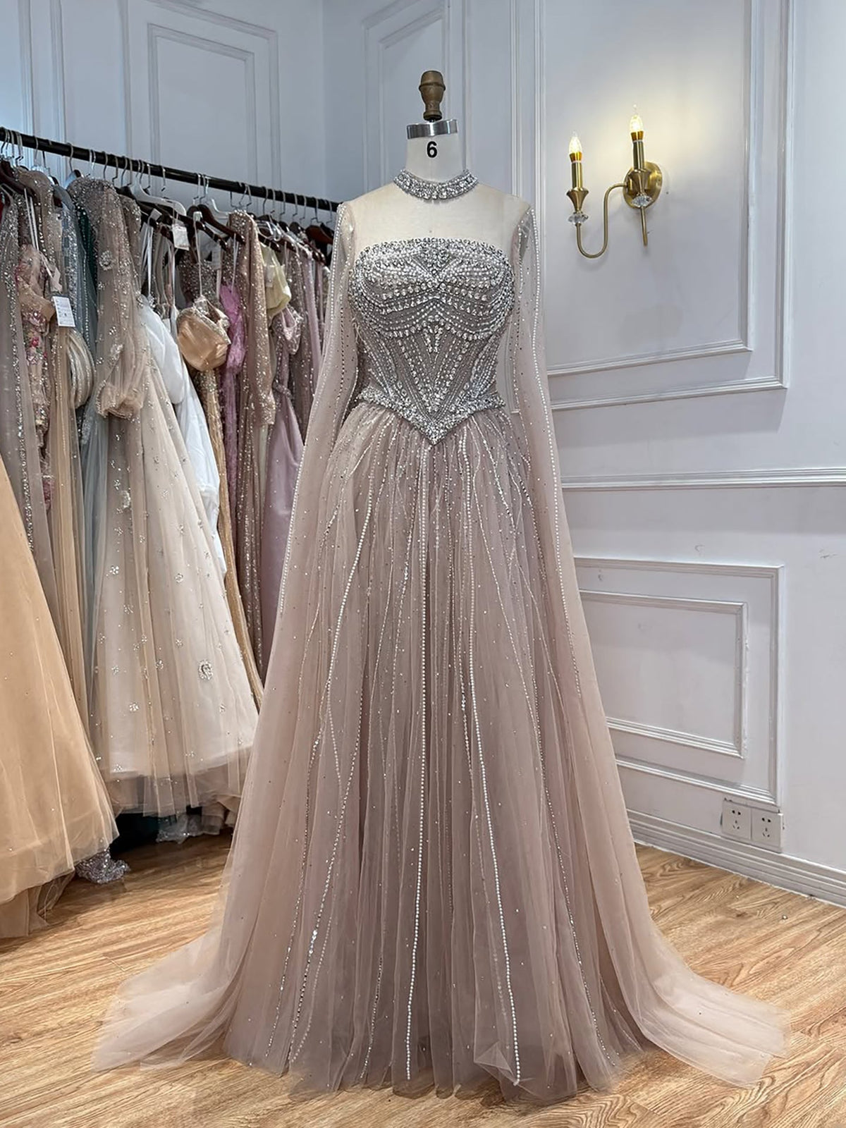 Luxury Pink High Neck Crystal Beaded A Line Evening Dress LA73885