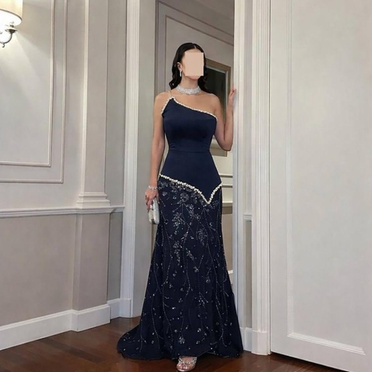 Luxury Navy Blue One Shoulder Pearl Beaded Mermaid Evening Dress LA73888