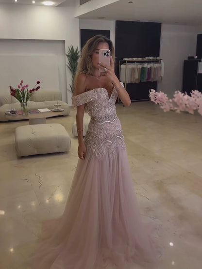 Luxury Pink Off the Shoulder Beaded Tassel A Line Evening Dress LA73894