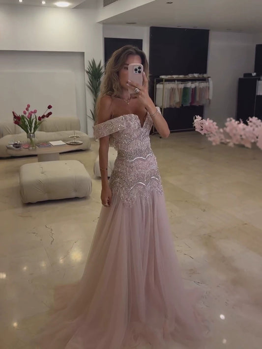 Luxury Pink Off the Shoulder Beaded Tassel A Line Evening Dress LA73894