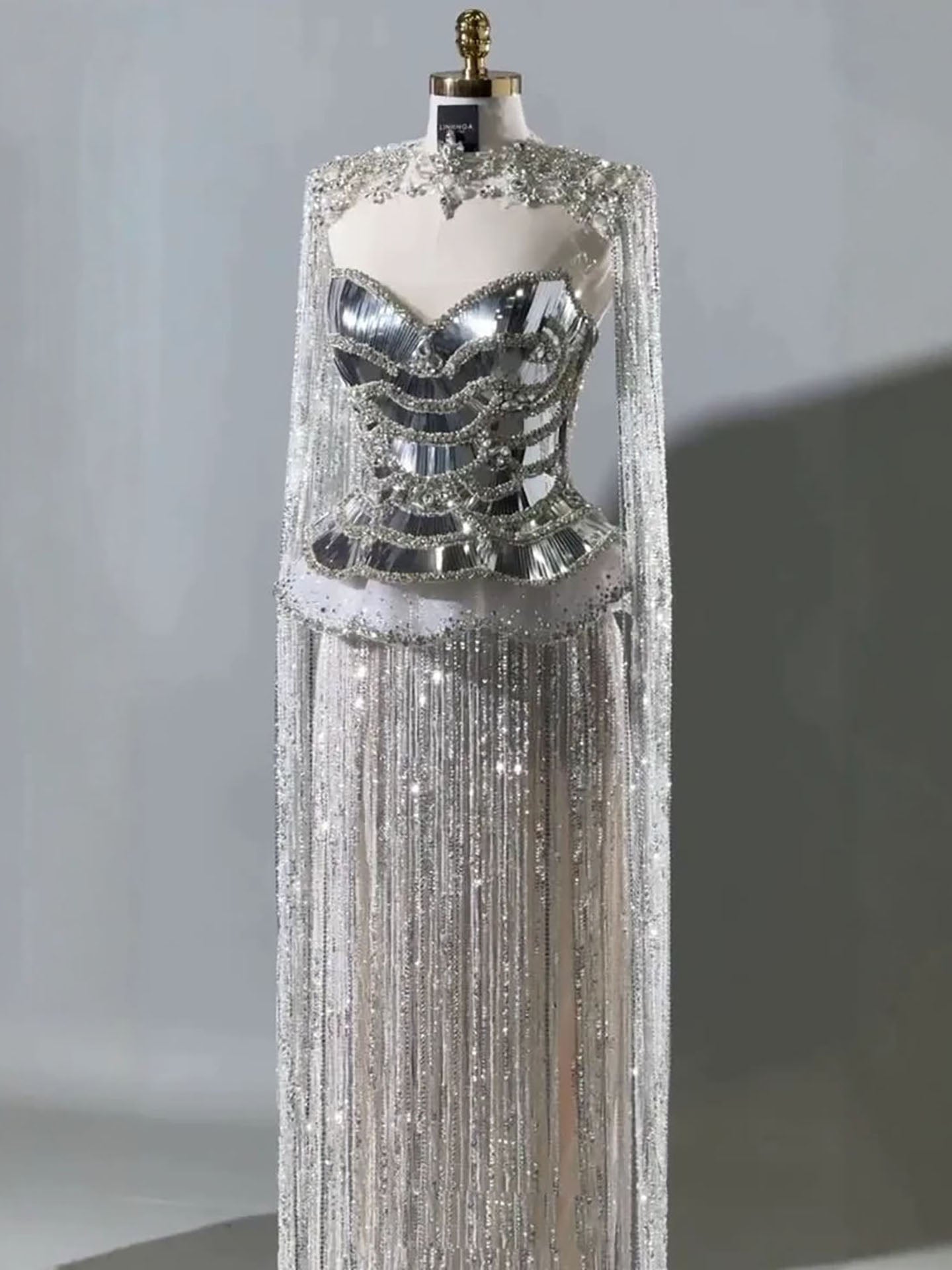 Luxury Silver High Neck Beaded Tassel Cape Evening Dress LA73896