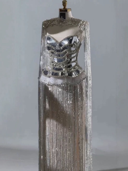 Luxury Silver High Neck Beaded Tassel Cape Evening Dress LA73896