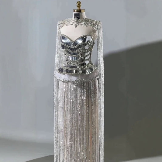 Luxury Silver High Neck Beaded Tassel Cape Evening Dress LA73896