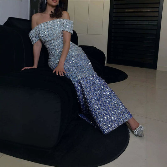 Luxury Blue Off Shoulder Sequined Beaded Mermaid Dress LA73897