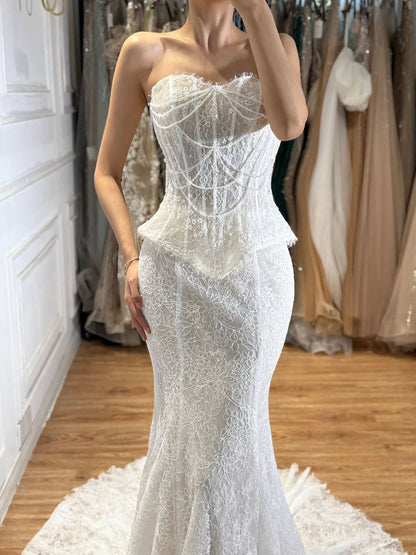 Luxury White Pearls Lace Beaded Mermaid Evening Dress LA73899