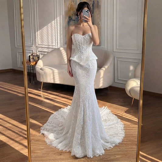 Luxury White Pearls Lace Beaded Mermaid Evening Dress LA73899
