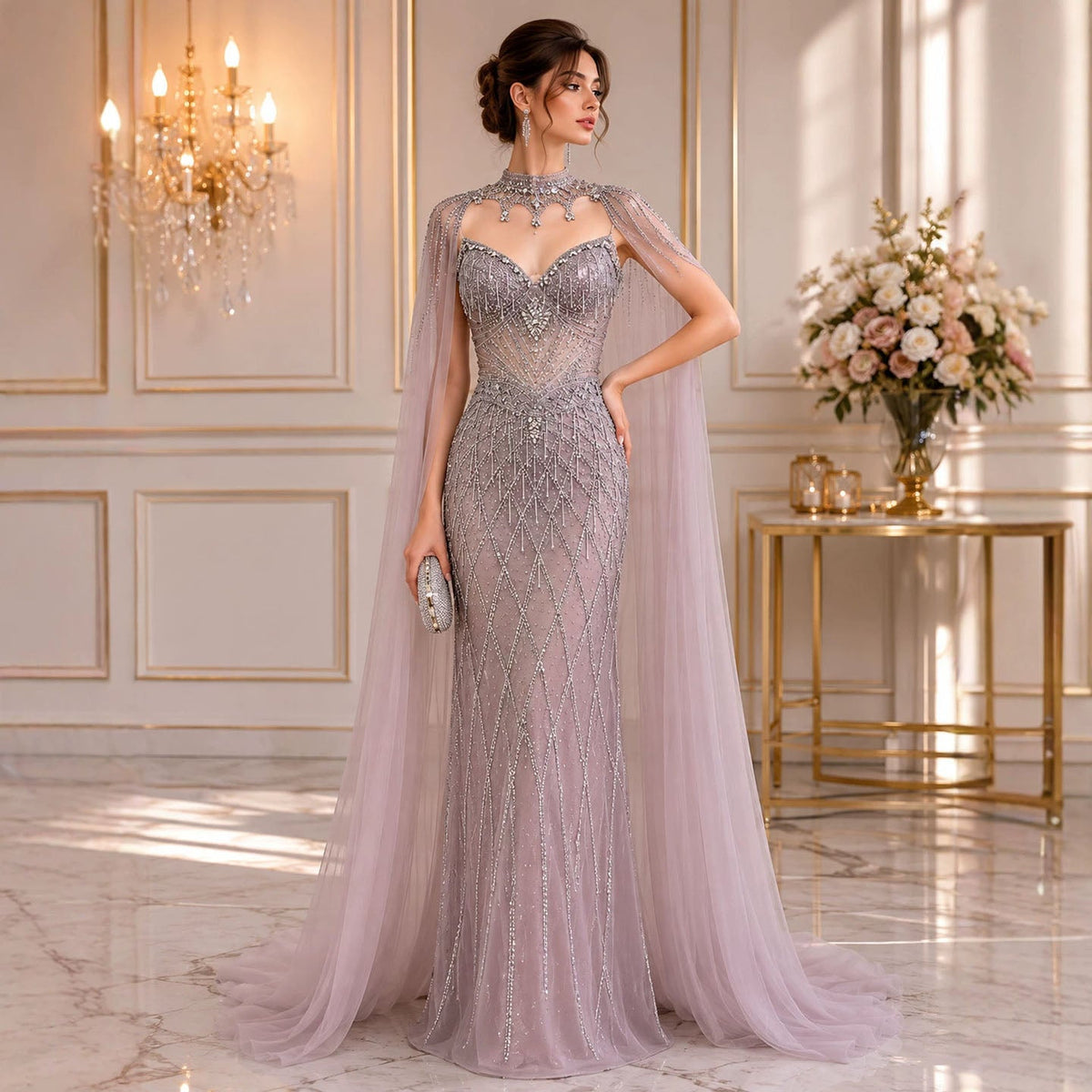 Luxury Nude High Neck Crystal Beaded Cape Sleeves Mermaid Dress LA73908