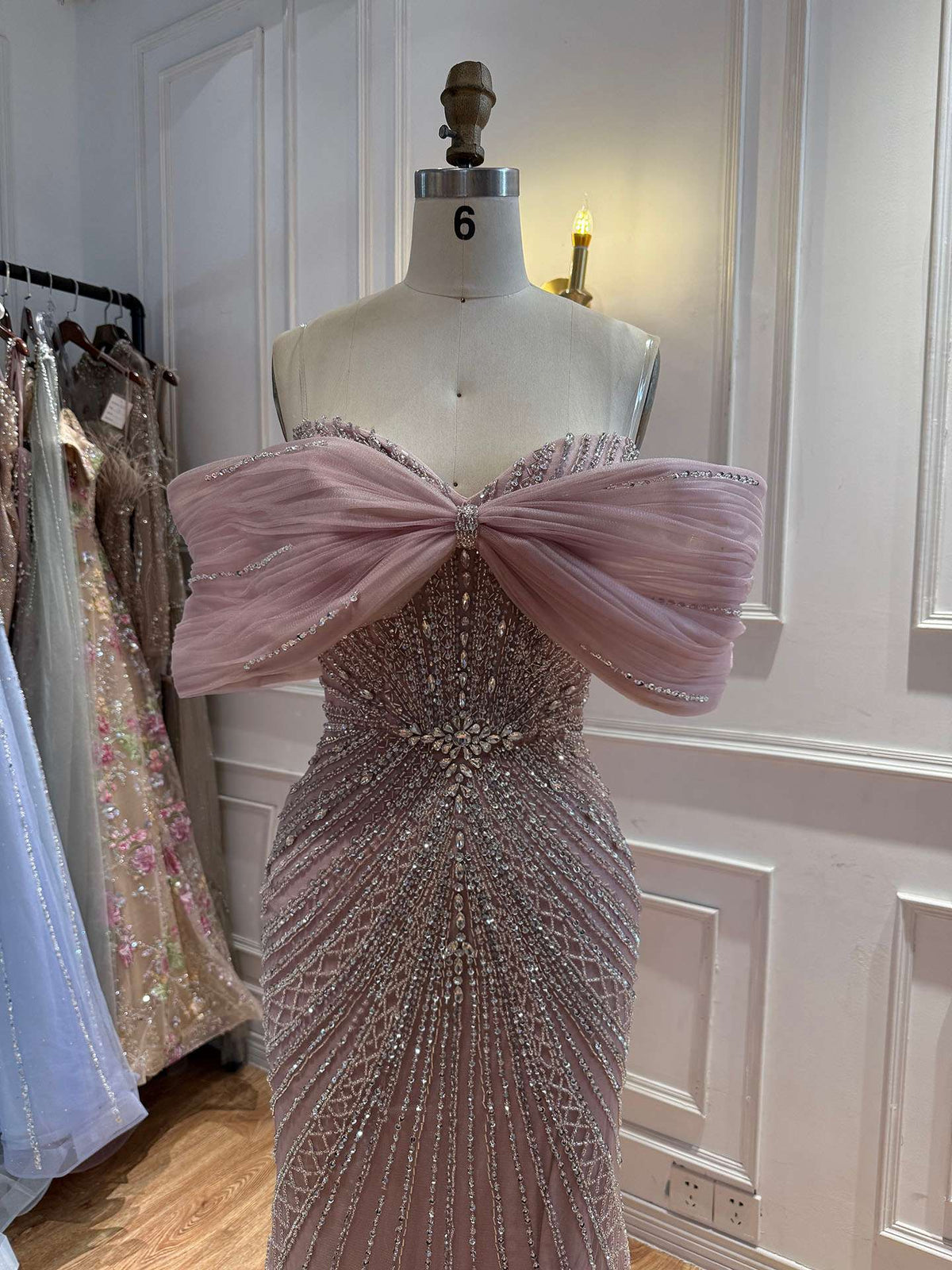 Luxury Nude Off Shoulder Crystal Beaded Mermaid Evening Dress LA73910