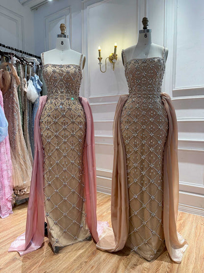 Luxury Blue Crystal Beaded Mermaid Dress With Overskirt LA73913