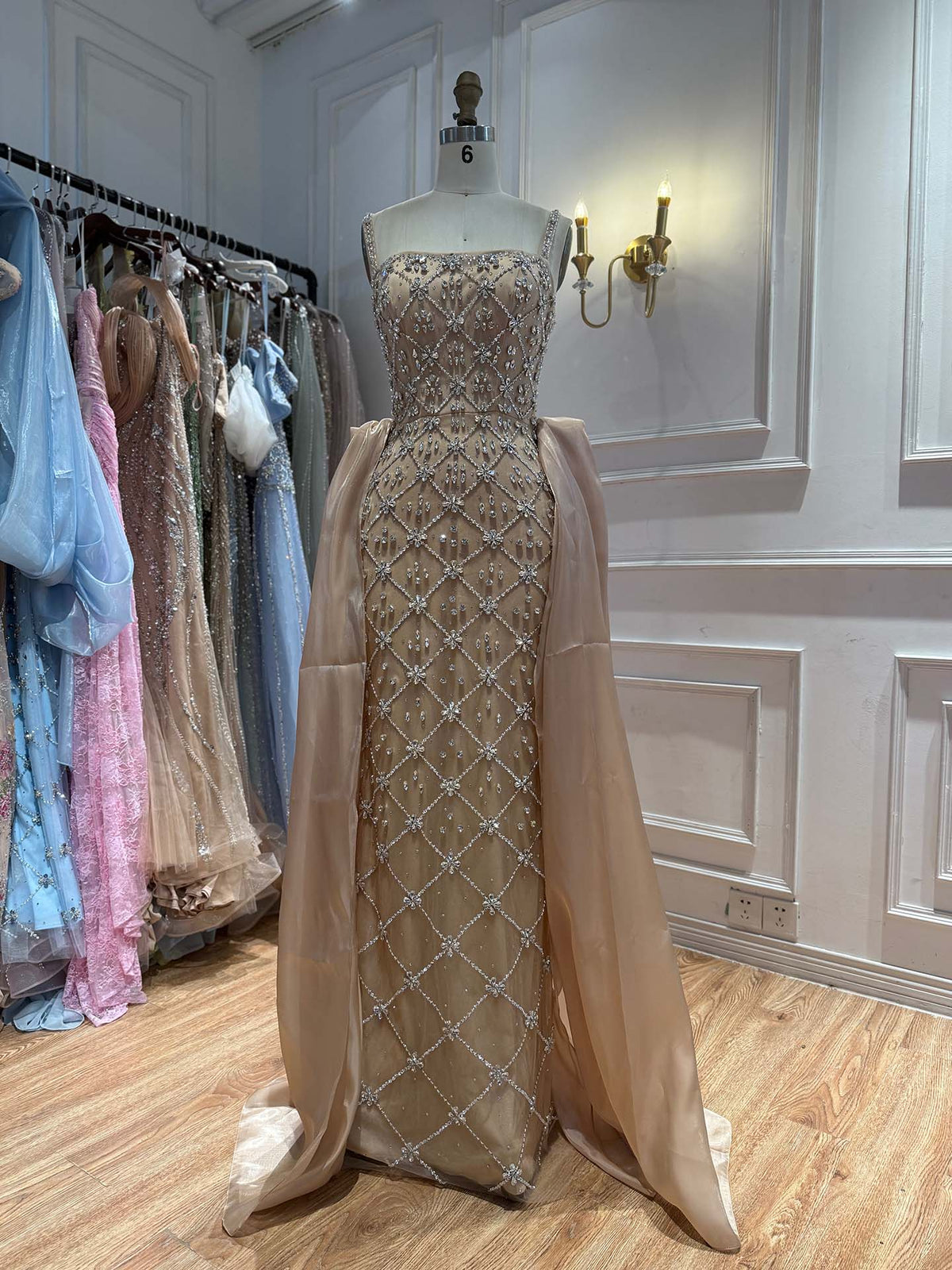 Luxury Blue Crystal Beaded Mermaid Dress With Overskirt LA73913
