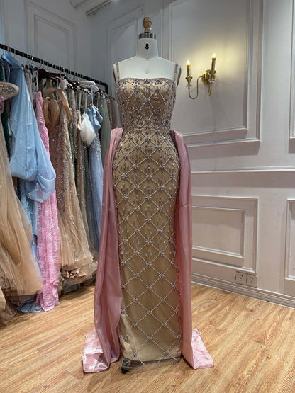 Luxury Blue Crystal Beaded Mermaid Dress With Overskirt LA73913