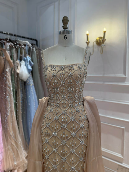 Luxury Blue Crystal Beaded Mermaid Dress With Overskirt LA73913