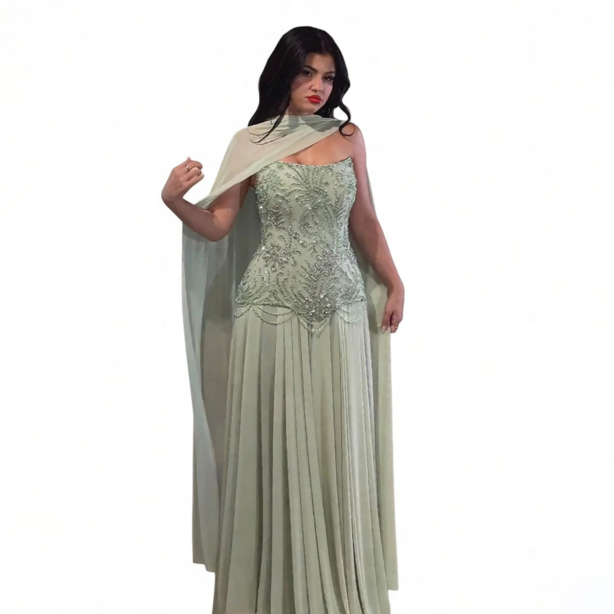 Luxury Sage Green Beaded Corset Chiffon A Line Dress LA73920