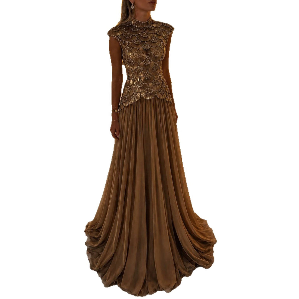 Luxury Gold High Neck Crystal Beaded A Line Dress LA73924