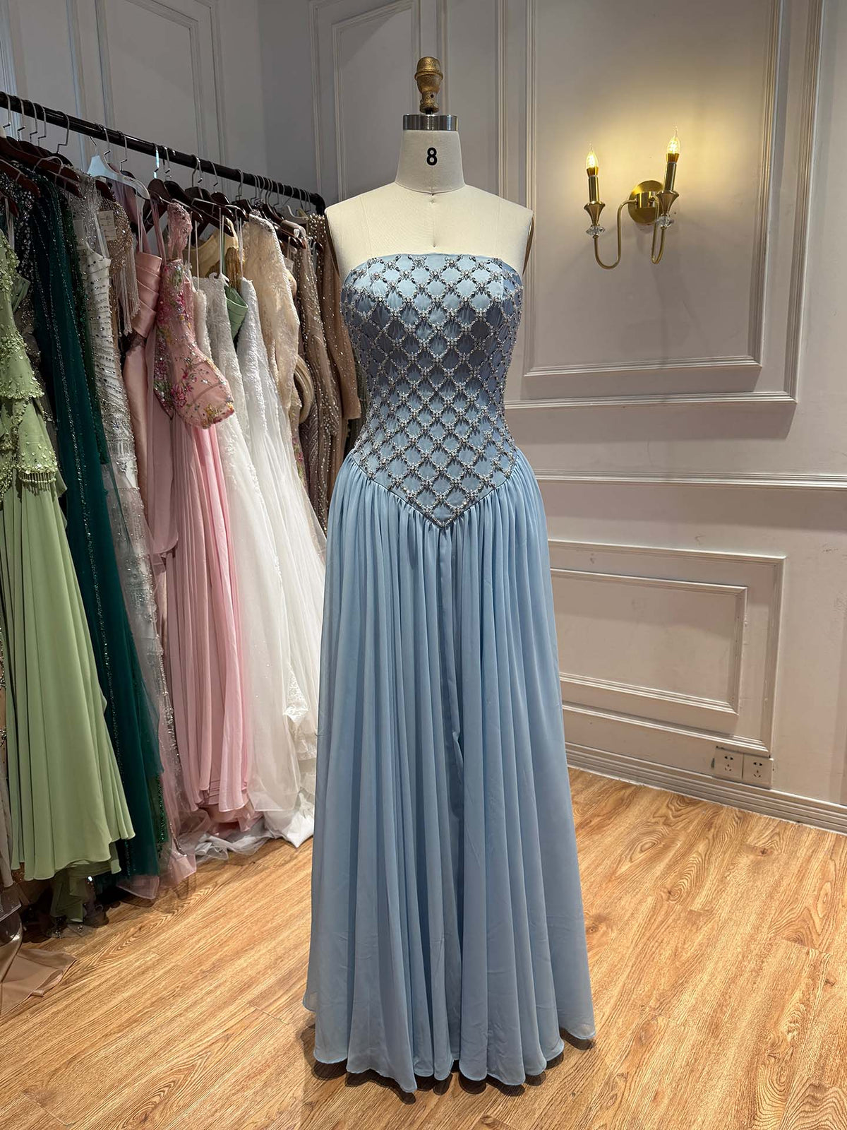 Luxury Blue Crystal Beaded Chiffon A-Line Evening Dress LA73929