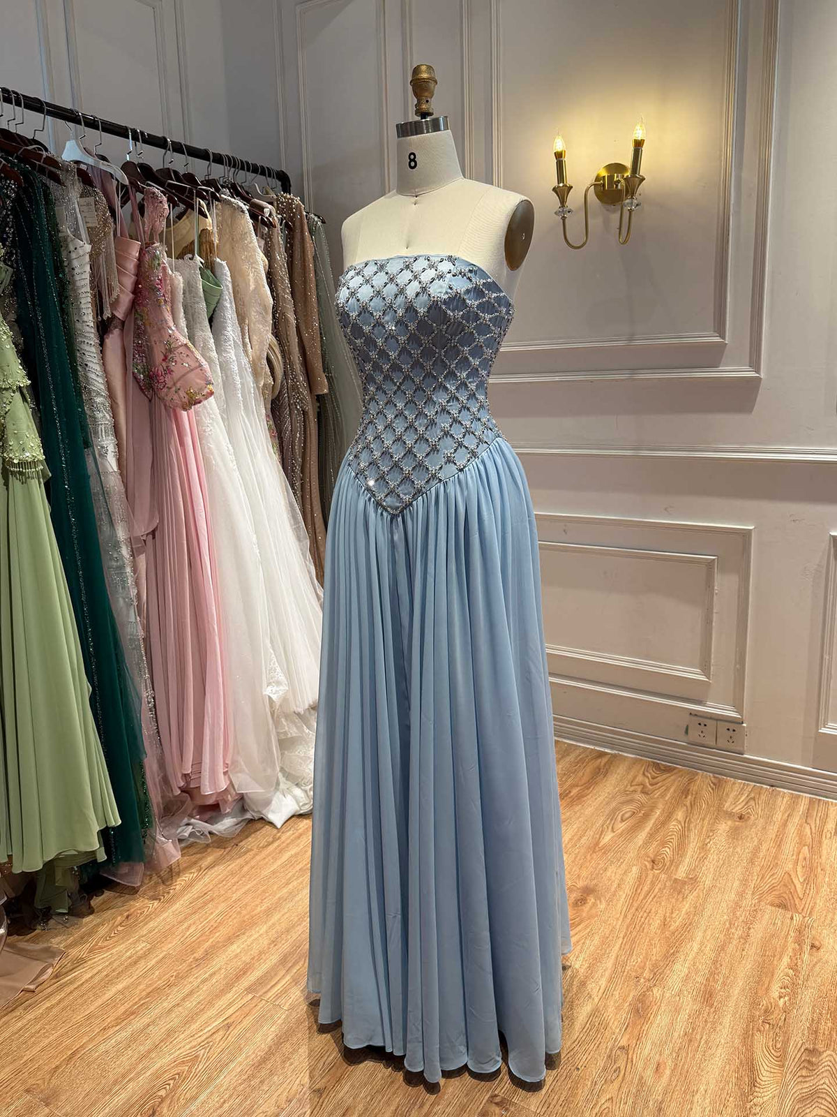 Luxury Blue Crystal Beaded Chiffon A-Line Evening Dress LA73929