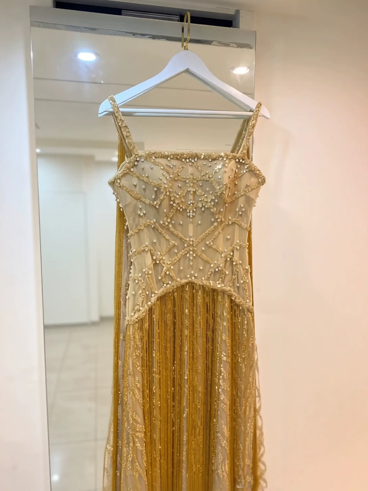 Luxury Gold Spaghetti Straps Shoulder Tassel Beaded Mermaid Dress LA73931