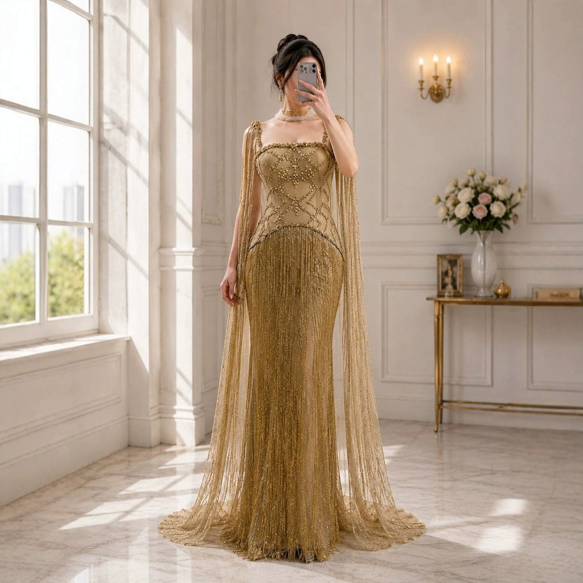 Luxury Gold Spaghetti Straps Shoulder Tassel Beaded Mermaid Dress LA73931