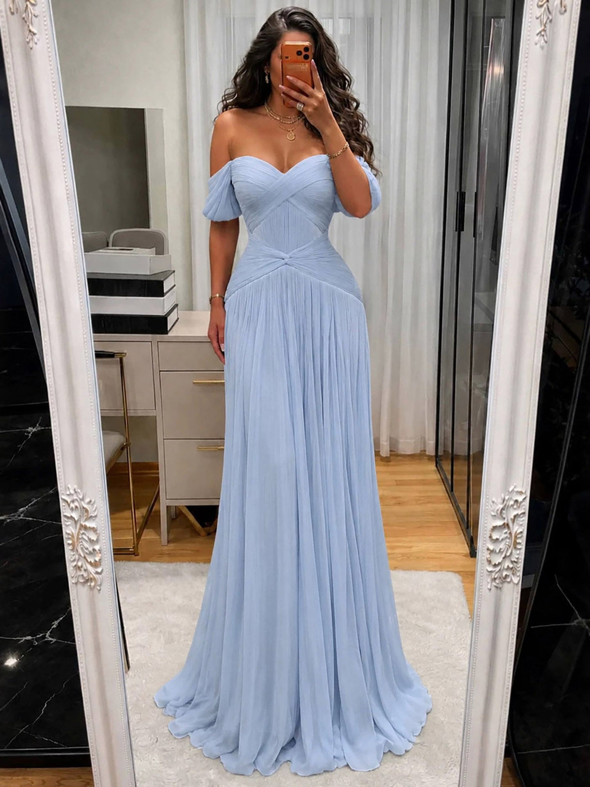 Luxury Light Blue Off Shoulder Pleated Chiffon A Line Dress LA73935