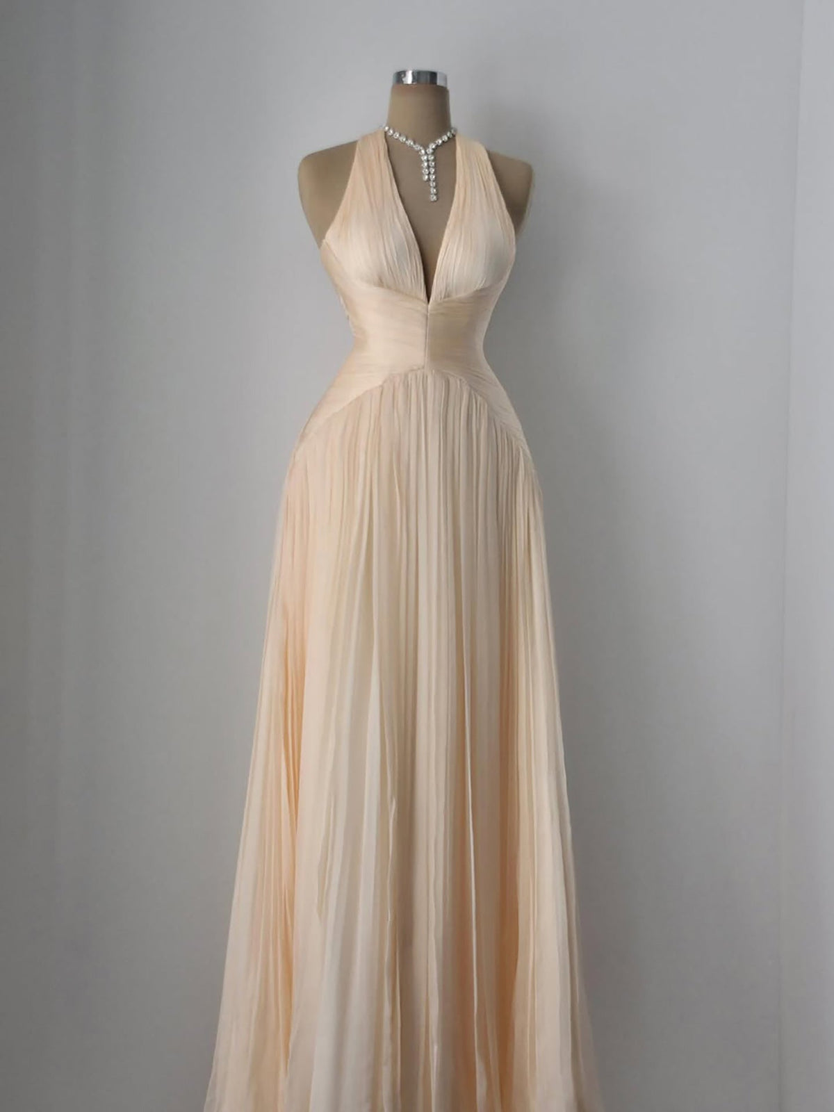 Luxury Champagne Halter Deep V Neck Pleated A Line Evening Dress LA73936