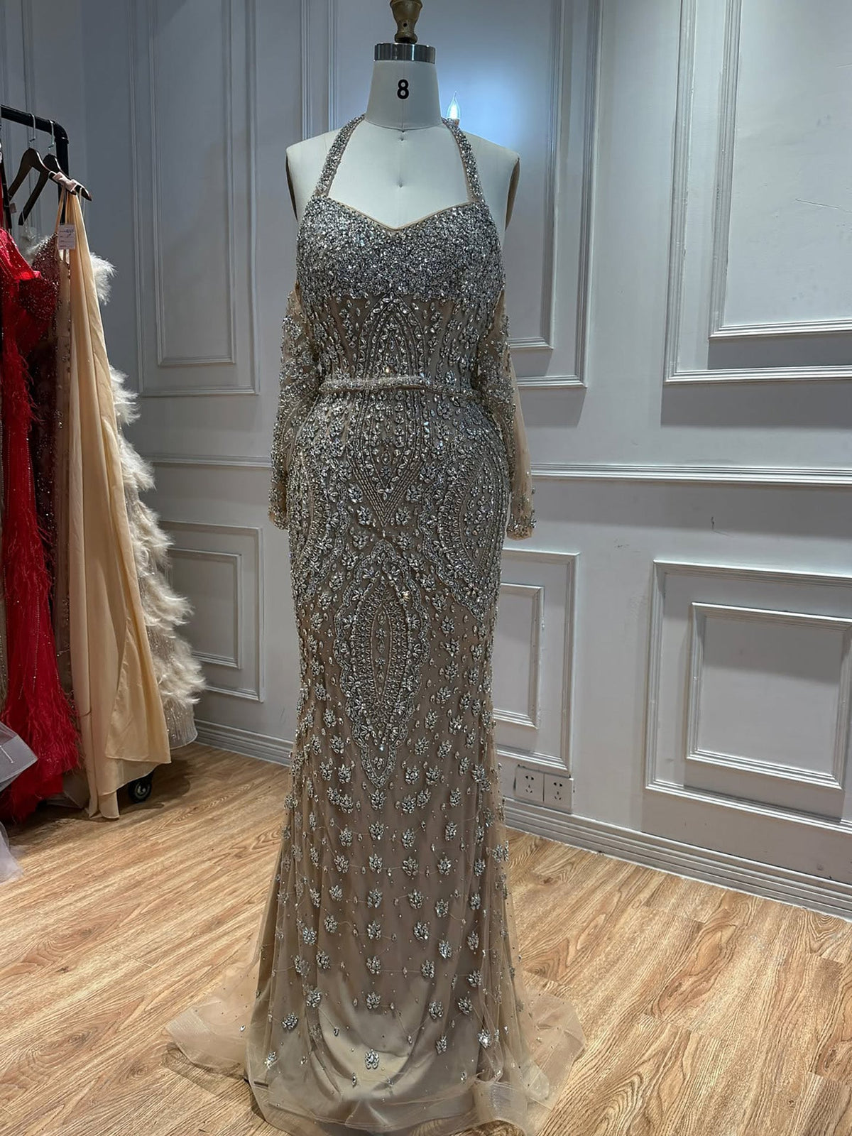 Luxury Nude Crystal Beaded Halter Mermaid Evening Dress LA73948